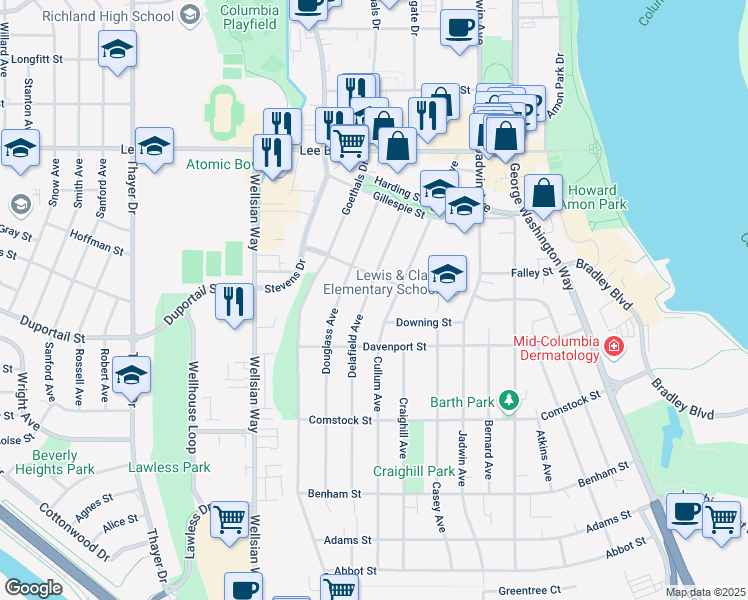 map of restaurants, bars, coffee shops, grocery stores, and more near 418 Delafield Avenue in Richland
