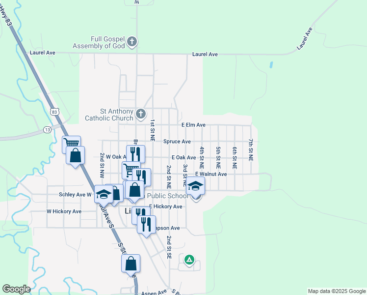 map of restaurants, bars, coffee shops, grocery stores, and more near 412 3rd Street Northeast in Linton