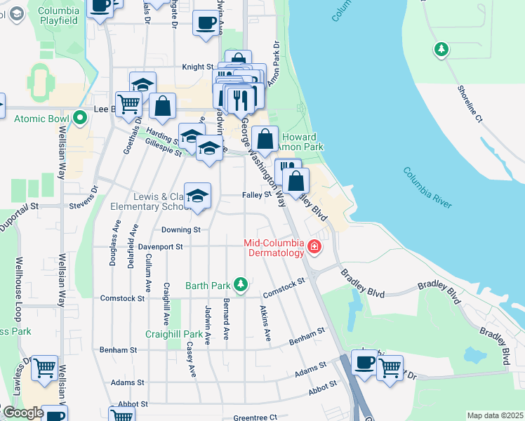 map of restaurants, bars, coffee shops, grocery stores, and more near 202 Endress Street in Richland