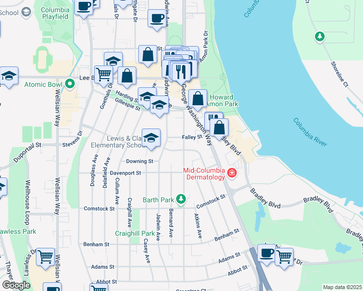 map of restaurants, bars, coffee shops, grocery stores, and more near 421 Barth Avenue in Richland