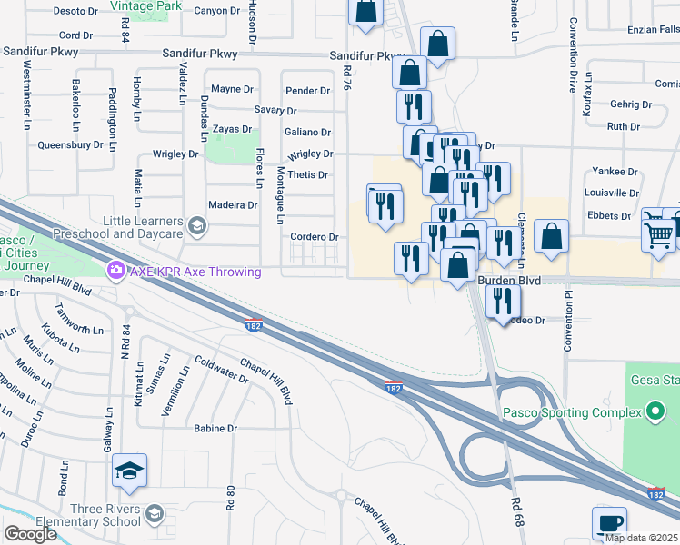 map of restaurants, bars, coffee shops, grocery stores, and more near 7604 Quadra Drive in Pasco
