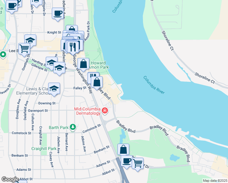 map of restaurants, bars, coffee shops, grocery stores, and more near 440 Bradley Boulevard in Richland