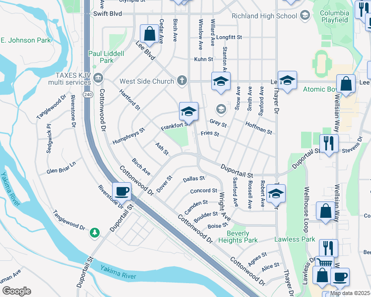 map of restaurants, bars, coffee shops, grocery stores, and more near 2109 Duportail Street in Richland