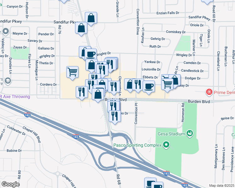 map of restaurants, bars, coffee shops, grocery stores, and more near 7001 Burden Boulevard in Pasco
