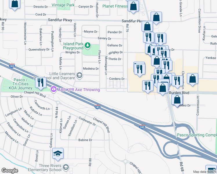 map of restaurants, bars, coffee shops, grocery stores, and more near 4803 Montague Lane in Pasco