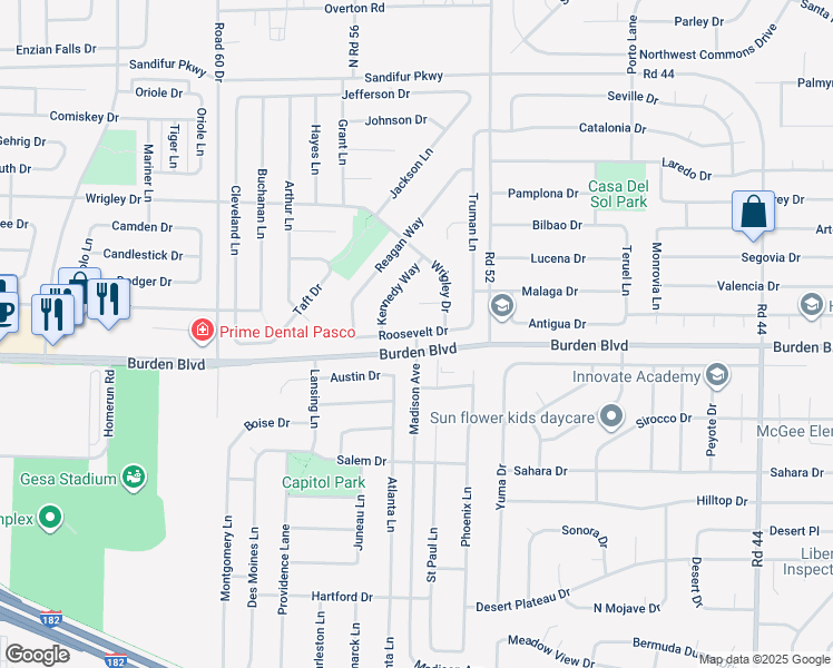 map of restaurants, bars, coffee shops, grocery stores, and more near 5420 Roosevelt Drive in Pasco