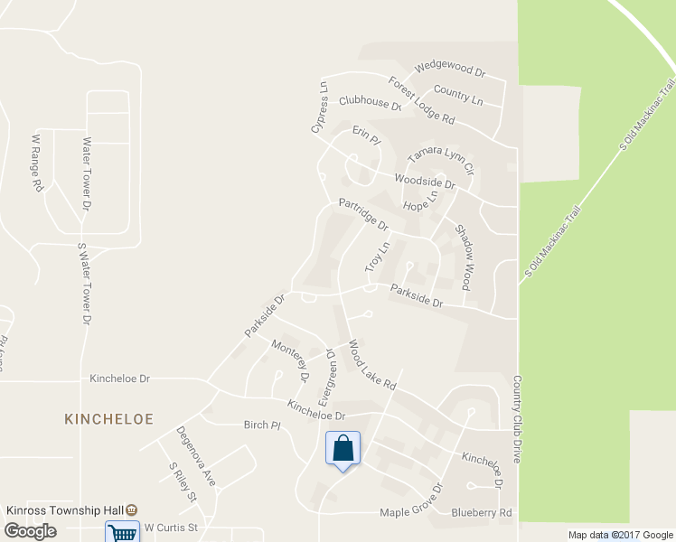 map of restaurants, bars, coffee shops, grocery stores, and more near 80 Wood Lake Road in Kinross Charter Township