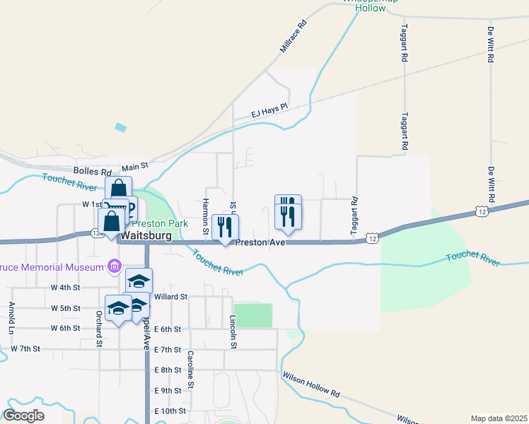 map of restaurants, bars, coffee shops, grocery stores, and more near 266 Hulce Lane in Waitsburg