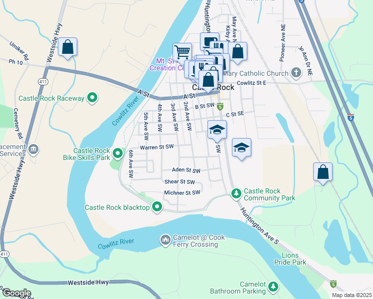 map of restaurants, bars, coffee shops, grocery stores, and more near 523 2nd Avenue Southwest in Castle Rock