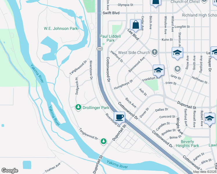 map of restaurants, bars, coffee shops, grocery stores, and more near 603 Cottonwood Drive in Richland
