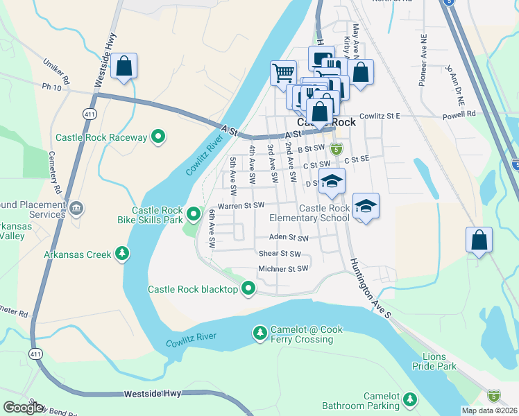 map of restaurants, bars, coffee shops, grocery stores, and more near 361 Warren Street Southwest in Castle Rock