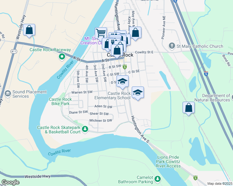 map of restaurants, bars, coffee shops, grocery stores, and more near 615 Front Avenue Southwest in Castle Rock