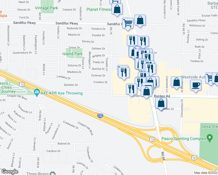map of restaurants, bars, coffee shops, grocery stores, and more near 4810 Road 76 in Pasco