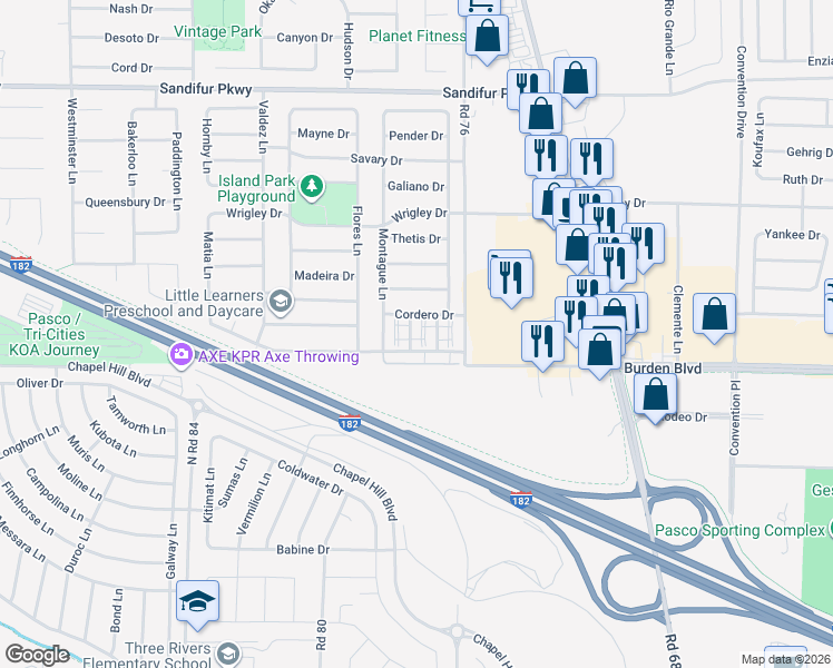 map of restaurants, bars, coffee shops, grocery stores, and more near 4909 Porlier Lane in Pasco
