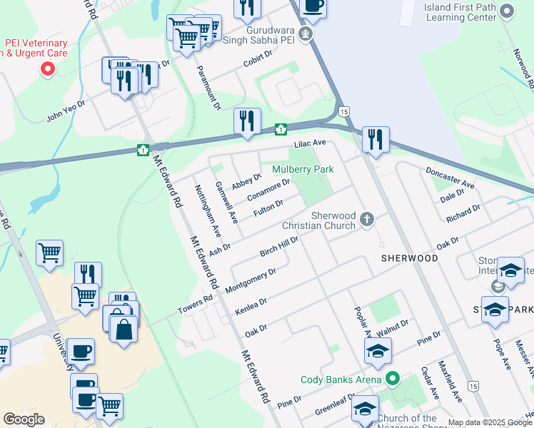 map of restaurants, bars, coffee shops, grocery stores, and more near 9 Fulton Drive in Charlottetown