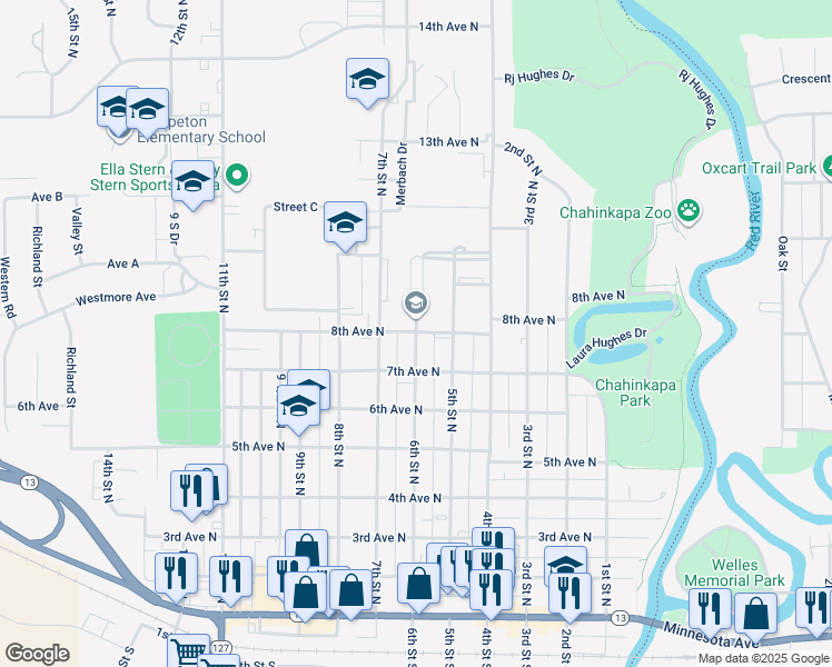 map of restaurants, bars, coffee shops, grocery stores, and more near 800 6th Street North in Wahpeton