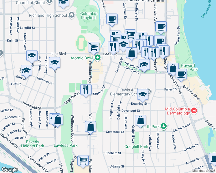 map of restaurants, bars, coffee shops, grocery stores, and more near 508 Goethals Dr in Richland