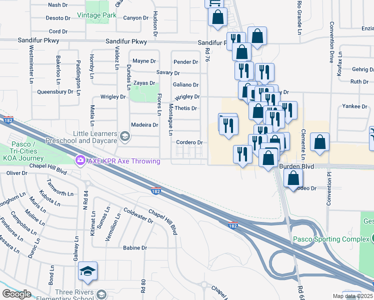 map of restaurants, bars, coffee shops, grocery stores, and more near 4815 Porlier Lane in Pasco