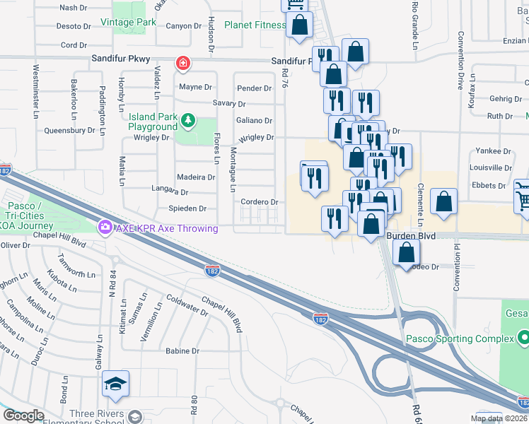 map of restaurants, bars, coffee shops, grocery stores, and more near 4909 Porlier Lane in Pasco