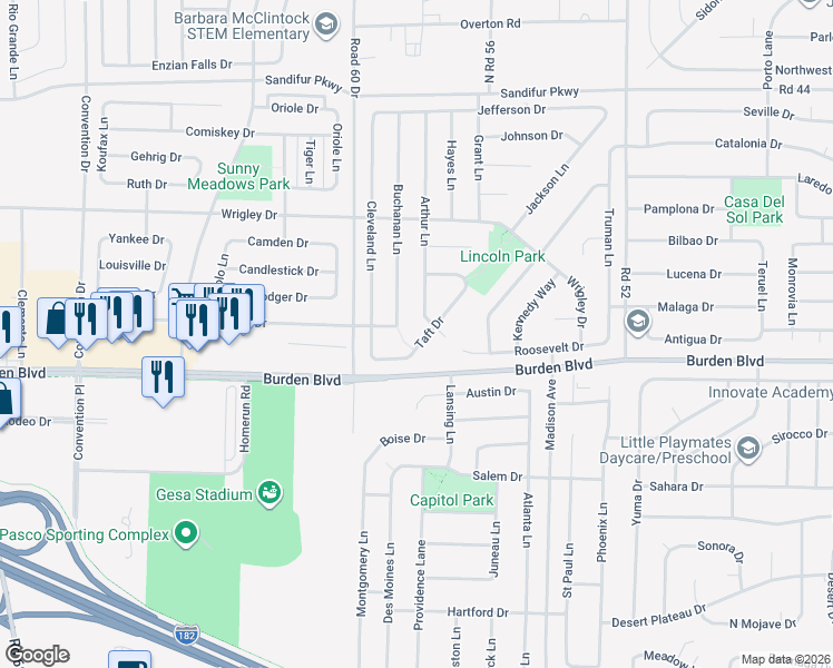 map of restaurants, bars, coffee shops, grocery stores, and more near 4912-4916 Arthur Lane in Pasco