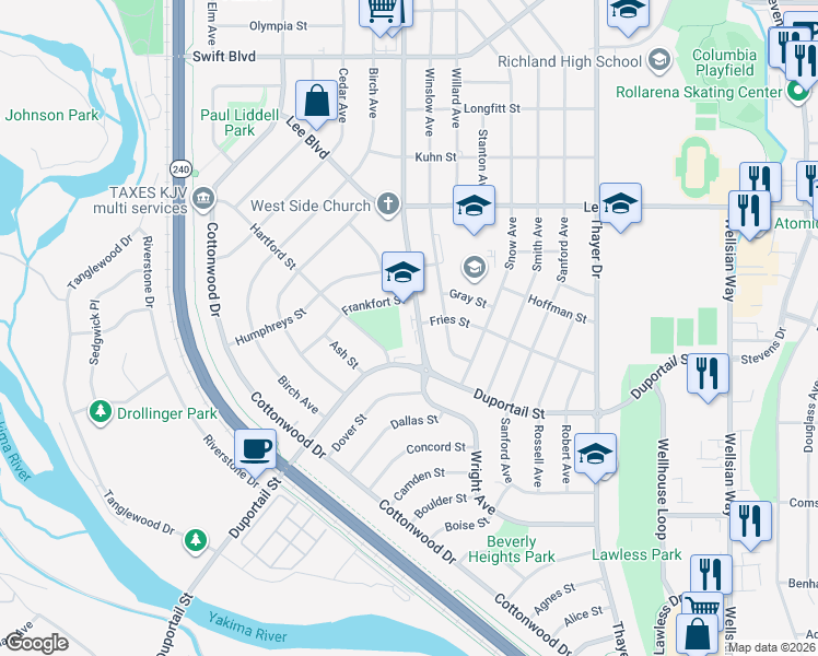 map of restaurants, bars, coffee shops, grocery stores, and more near 507 Wright Avenue in Richland