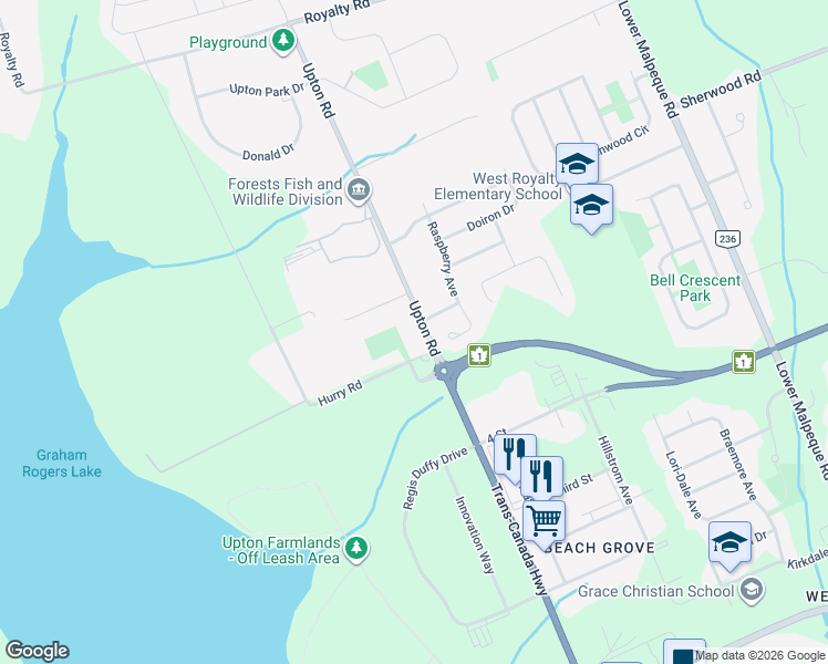 map of restaurants, bars, coffee shops, grocery stores, and more near 123 Upton Road in Charlottetown