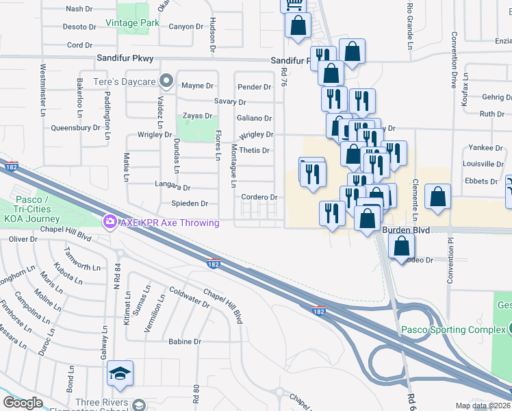 map of restaurants, bars, coffee shops, grocery stores, and more near 4903 Porlier Lane in Pasco