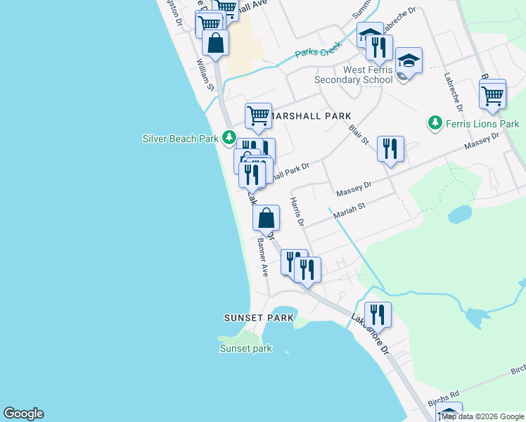 map of restaurants, bars, coffee shops, grocery stores, and more near 554 Lakeshore Drive in North Bay