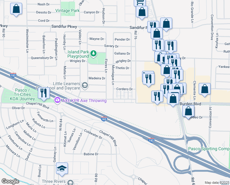 map of restaurants, bars, coffee shops, grocery stores, and more near 4912 Montague Lane in Pasco