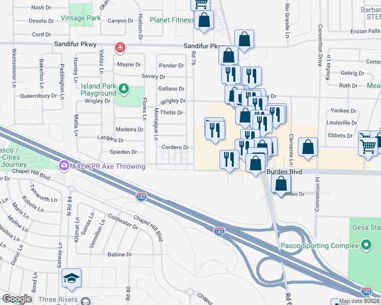 map of restaurants, bars, coffee shops, grocery stores, and more near 5003 Texada Lane in Pasco