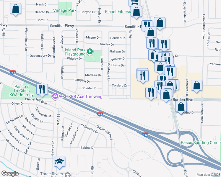 map of restaurants, bars, coffee shops, grocery stores, and more near 4912 Montague Lane in Pasco