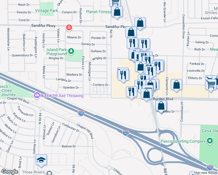 map of restaurants, bars, coffee shops, grocery stores, and more near 4906 Road 76 in Pasco
