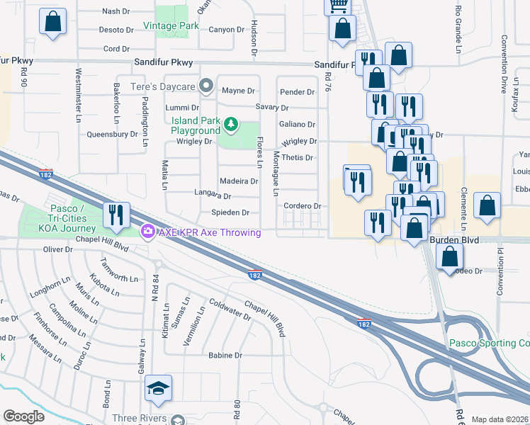 map of restaurants, bars, coffee shops, grocery stores, and more near 4911 Flores Lane in Pasco