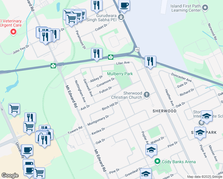 map of restaurants, bars, coffee shops, grocery stores, and more near 15 Fulton Drive in Charlottetown