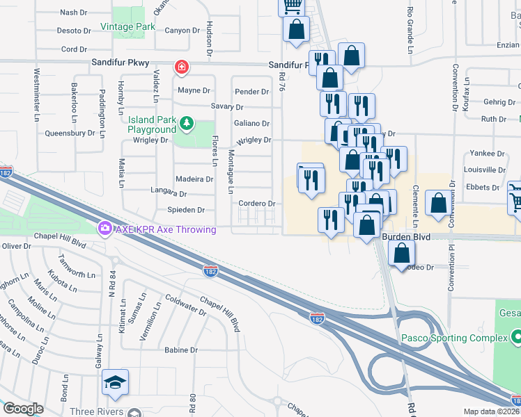 map of restaurants, bars, coffee shops, grocery stores, and more near 4909 Porlier Lane in Pasco