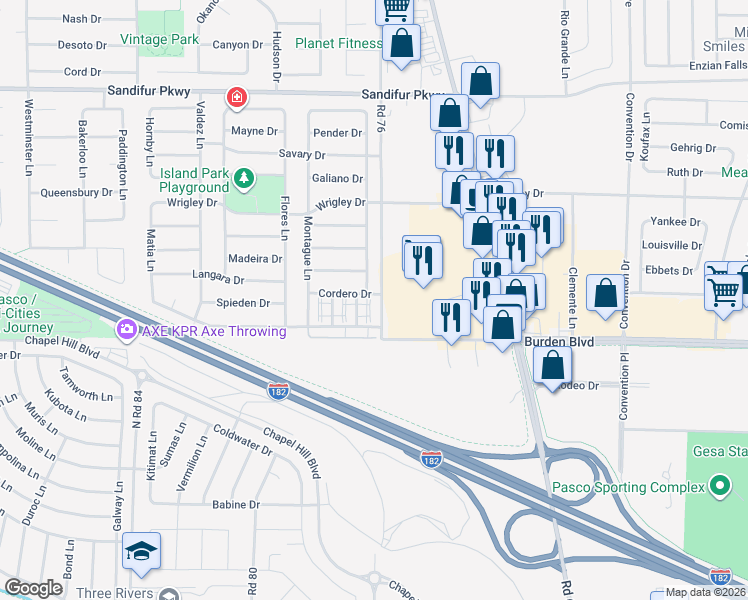 map of restaurants, bars, coffee shops, grocery stores, and more near 4908 Road 76 in Pasco