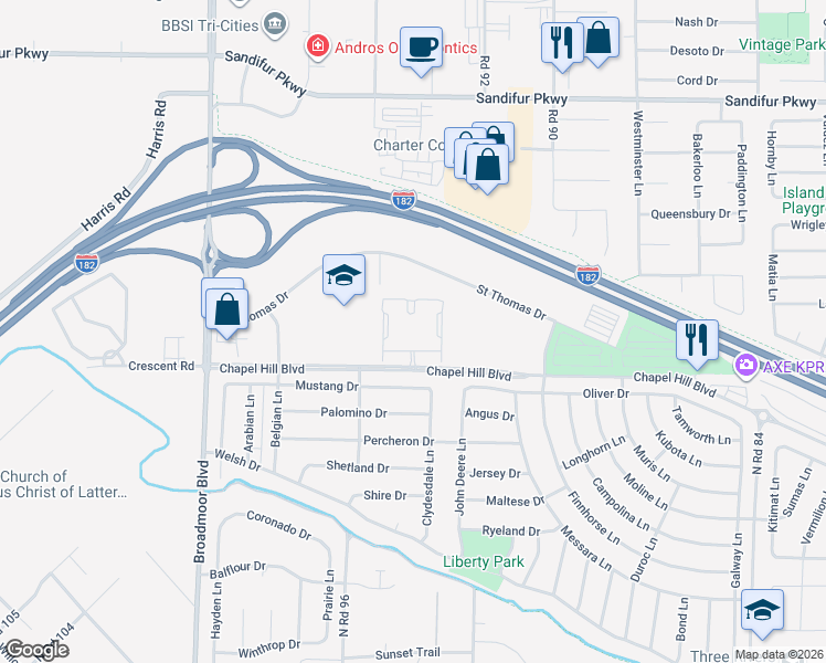 map of restaurants, bars, coffee shops, grocery stores, and more near 9315 Chapel Hill Boulevard in Pasco