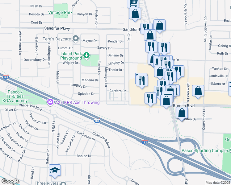 map of restaurants, bars, coffee shops, grocery stores, and more near 4909 Porlier Lane in Pasco