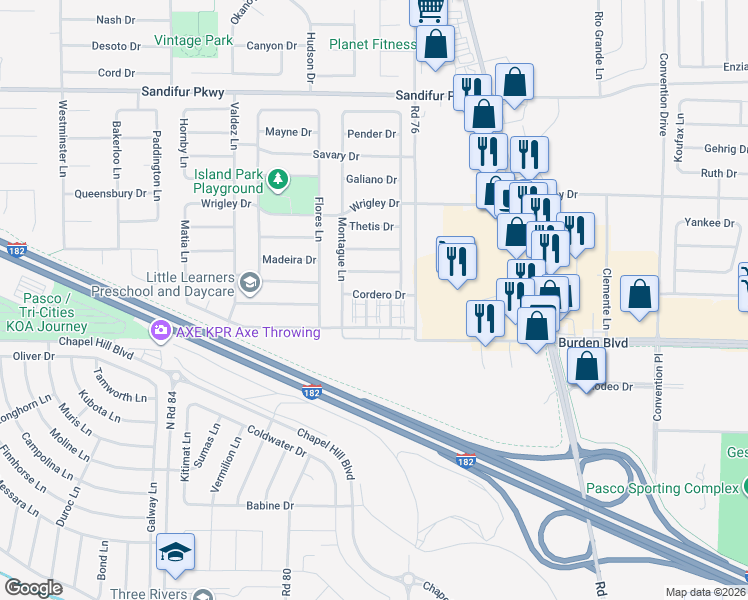 map of restaurants, bars, coffee shops, grocery stores, and more near 4909 Porlier Lane in Pasco