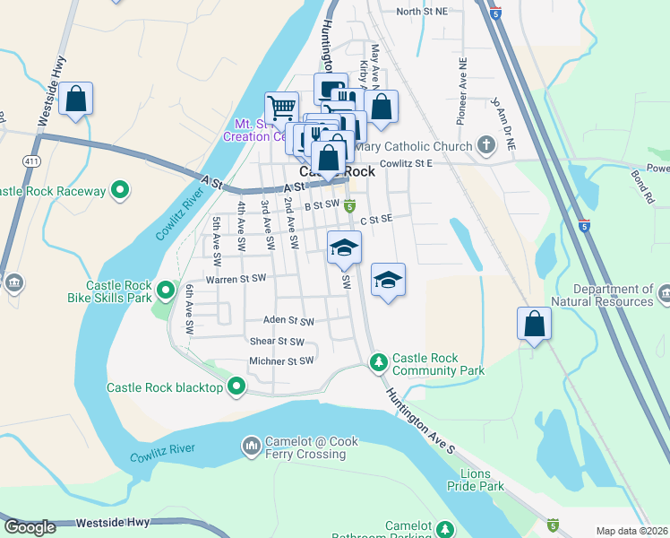 map of restaurants, bars, coffee shops, grocery stores, and more near 615 Front Avenue Southwest in Castle Rock