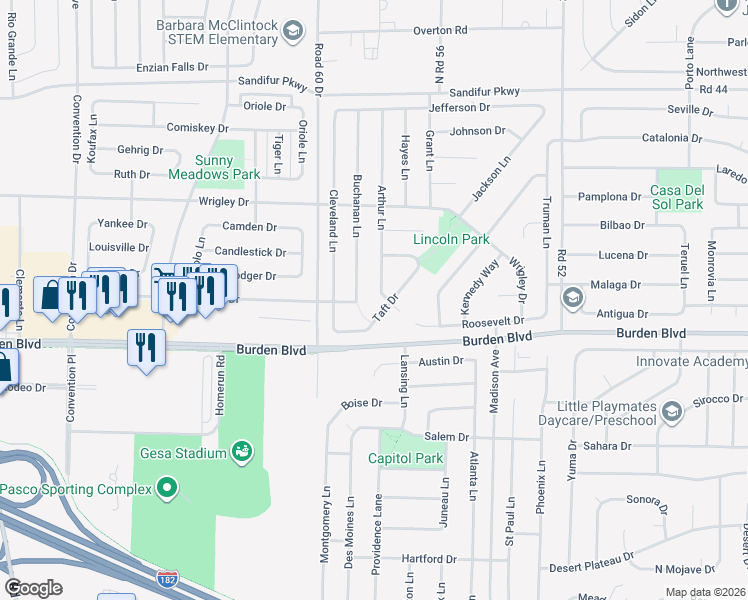 map of restaurants, bars, coffee shops, grocery stores, and more near 4912 Arthur Ln in Pasco