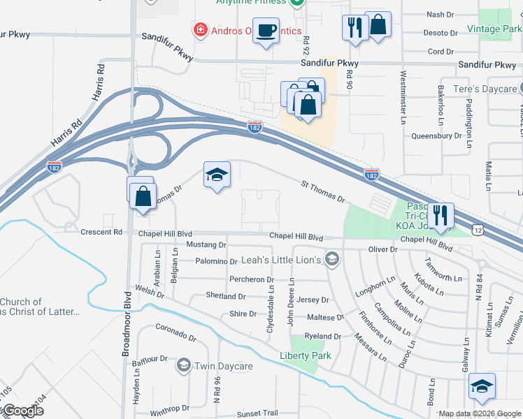 map of restaurants, bars, coffee shops, grocery stores, and more near 9315 Chapel Hill Boulevard in Pasco