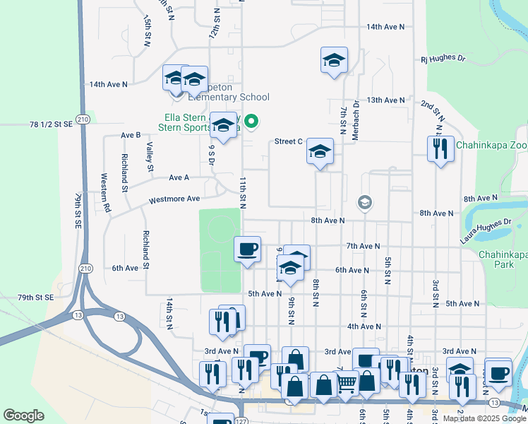 map of restaurants, bars, coffee shops, grocery stores, and more near 950-1098 8th Ave N in Wahpeton