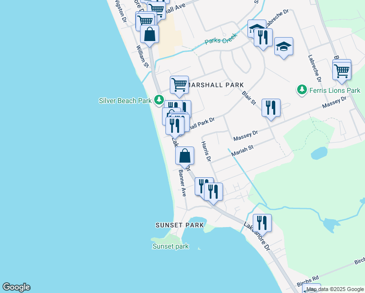map of restaurants, bars, coffee shops, grocery stores, and more near 550 Lakeshore Drive in North Bay