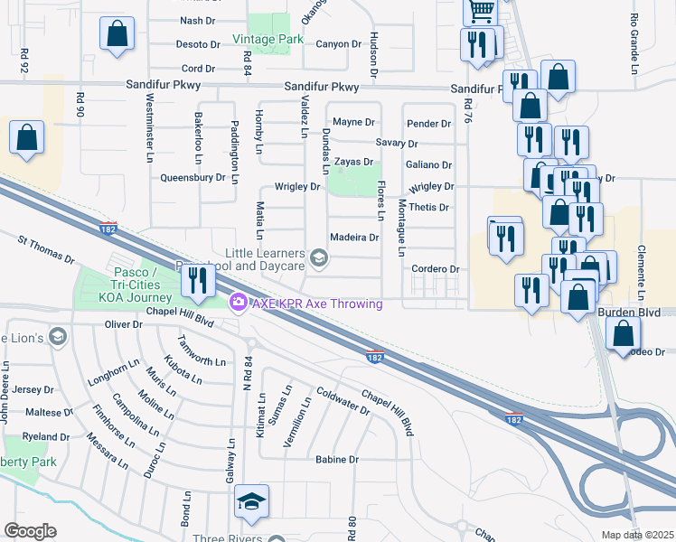 map of restaurants, bars, coffee shops, grocery stores, and more near 8015 Spieden Drive in Pasco
