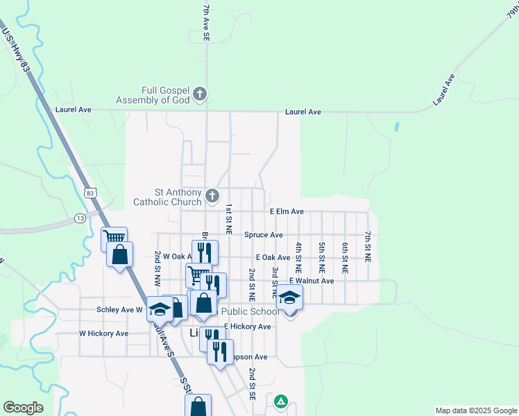 map of restaurants, bars, coffee shops, grocery stores, and more near 604 2nd Street Northeast in Linton