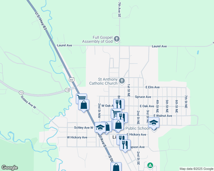 map of restaurants, bars, coffee shops, grocery stores, and more near 600 1st Street Northwest in Linton
