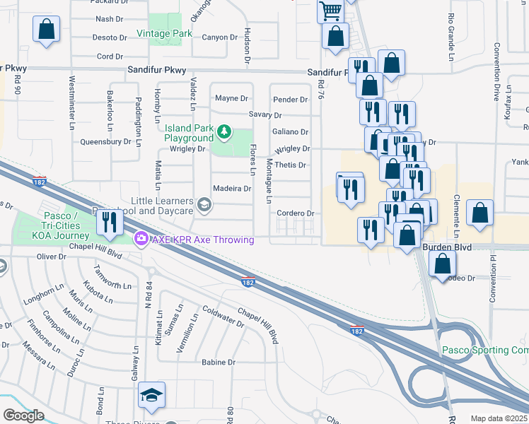 map of restaurants, bars, coffee shops, grocery stores, and more near 4912 Montague Lane in Pasco