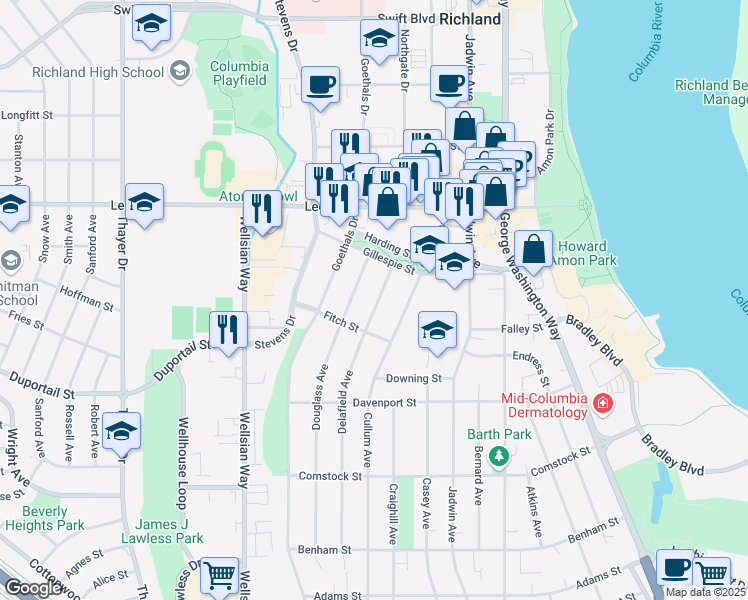 map of restaurants, bars, coffee shops, grocery stores, and more near 515 Delafield Avenue in Richland