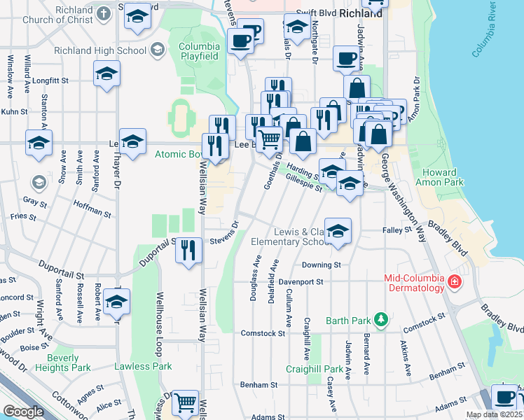 map of restaurants, bars, coffee shops, grocery stores, and more near 508 Goethals Drive in Richland